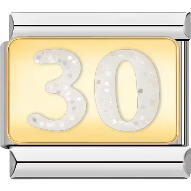 Number "30" with glittery accents on gold background Italian charm bracelet link
