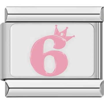 Pink number "6" crown Italian charm bracelet link