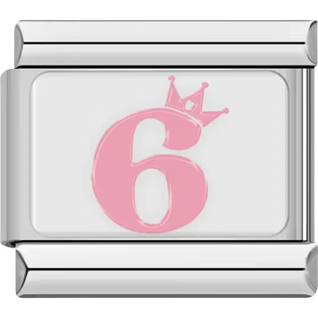 Pink number "6" crown Italian charm bracelet link