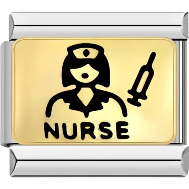 "NURSE" text with a nurse figure and syringe graphic on a gold background Italian charm bracelet link