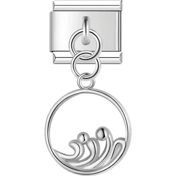 Silver round ocean wave design pendant dangle Italian charm bracelet link