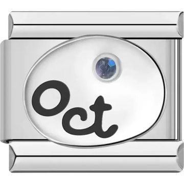 "Oct" text with a pink tourmaline-inspired birthstone in an oval detail Italian charm bracelet link