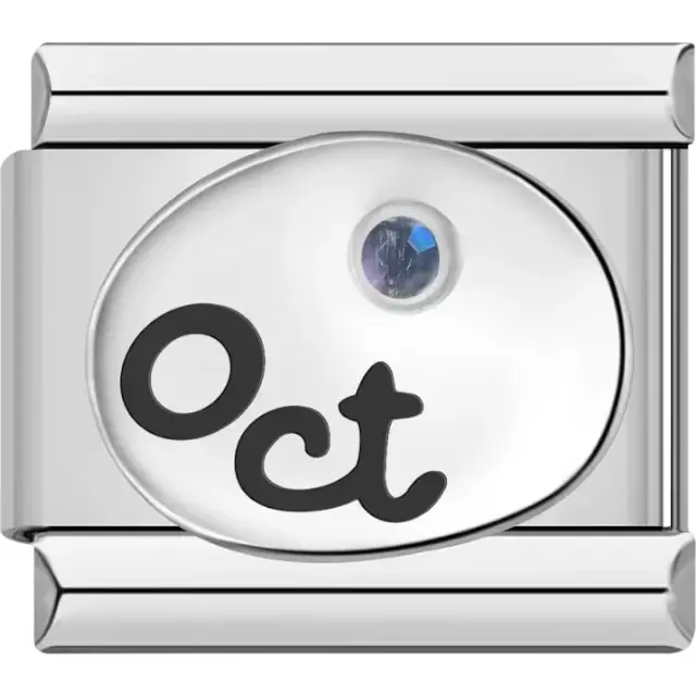 "Oct" text with a pink tourmaline-inspired birthstone in an oval detail Italian charm bracelet link