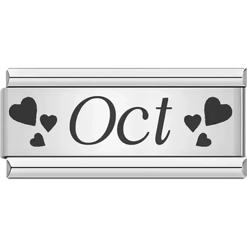 Black text spelling "Oct" surrounded by small and large black hearts Italian charm bracelet link