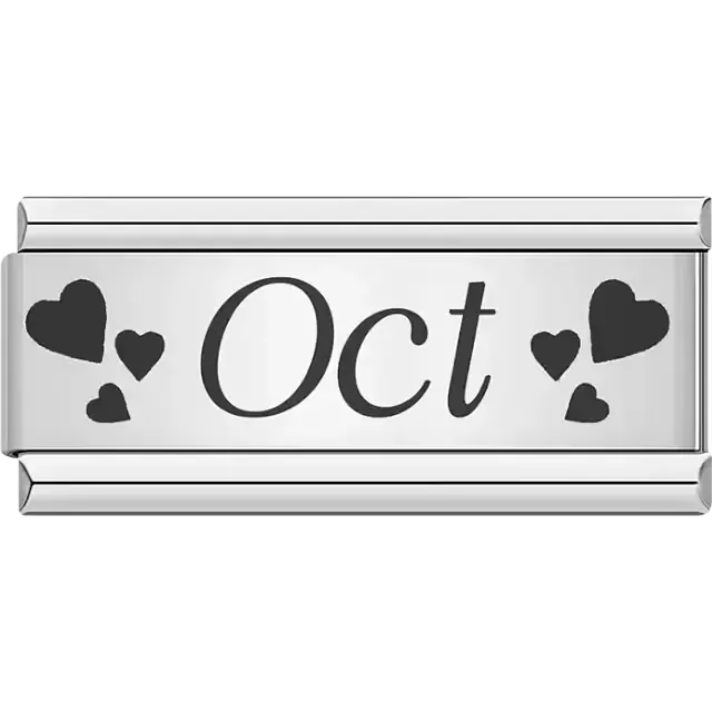 Black text spelling "Oct" surrounded by small and large black hearts Italian charm bracelet link
