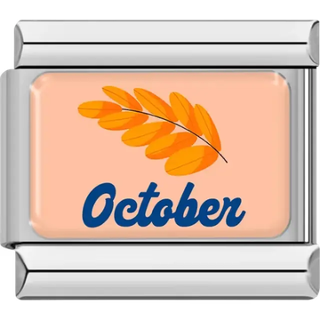 Orange autumn leaf with "October" in blue on peach background Italian charm bracelet link