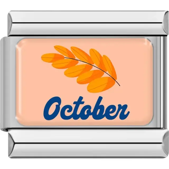 Orange autumn leaf with "October" in blue on peach background Italian charm bracelet link