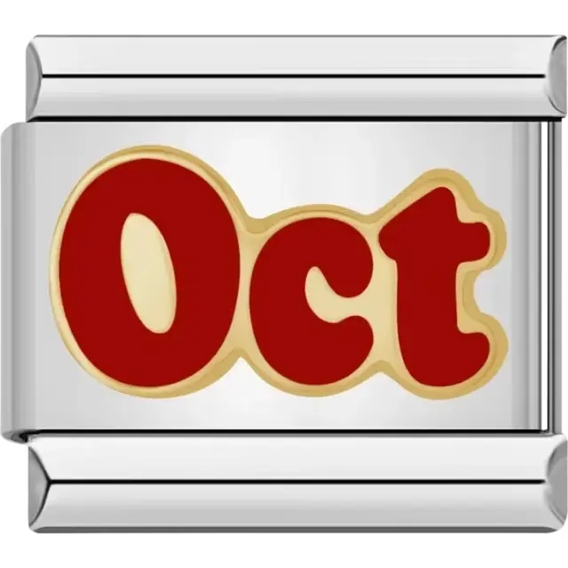 "Oct" text in red with a gold outline Italian charm bracelet link