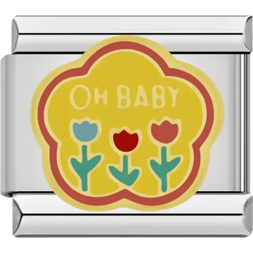 Yellow charm with "Oh Baby" text and blue, red, and pink flowers Italian charm bracelet link