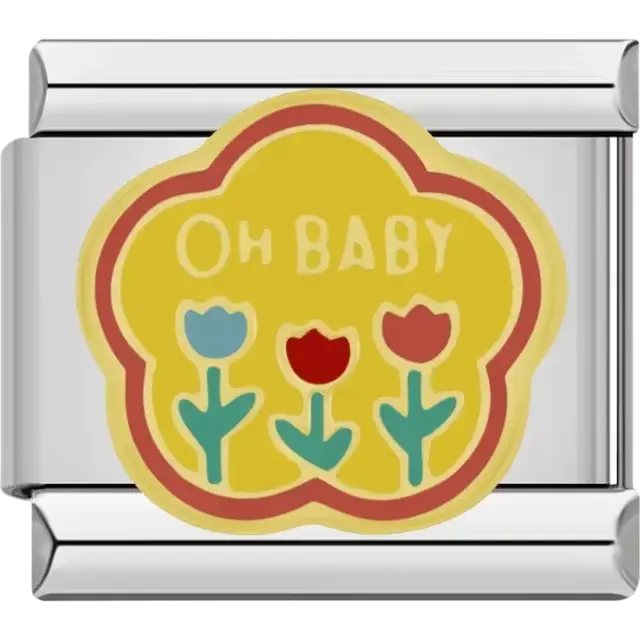Yellow charm with "Oh Baby" text and blue, red, and pink flowers Italian charm bracelet link