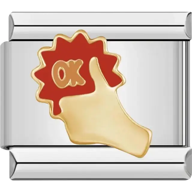 Gold hand with "OK" text on a red background Italian charm bracelet link