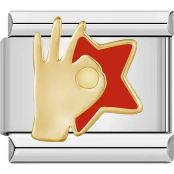 Gold "OK" hand gesture with a red star background Italian charm bracelet link