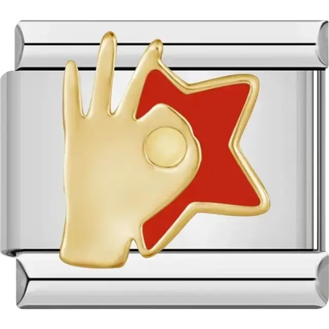 Gold "OK" hand gesture with a red star background Italian charm bracelet link