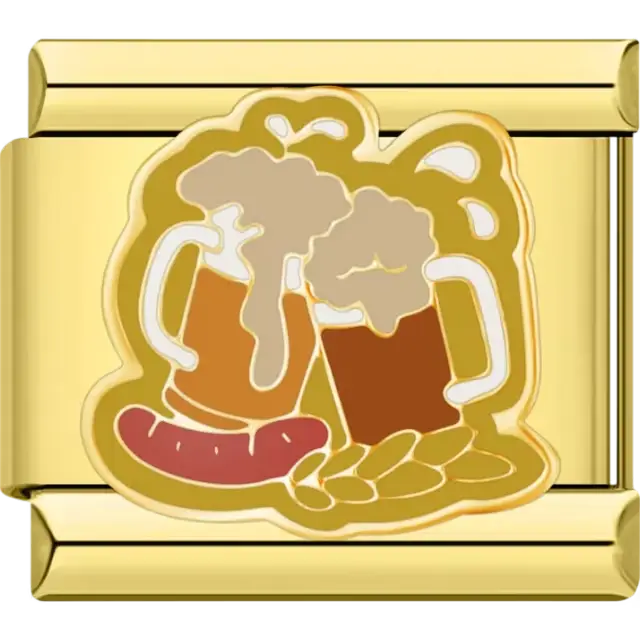 Two beer mugs with foam, a sausage, and pretzels in golden accents celebrating Oktoberfest Italian charm bracelet link