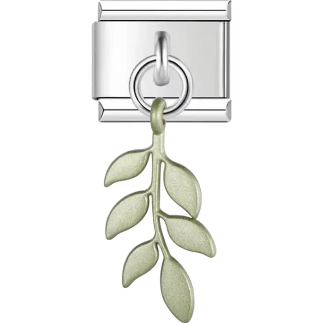 Green olive branch design with silver dangle accents Italian charm bracelet link