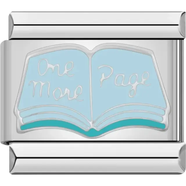 Open book with "One More Page" text on a light blue background Italian charm bracelet link