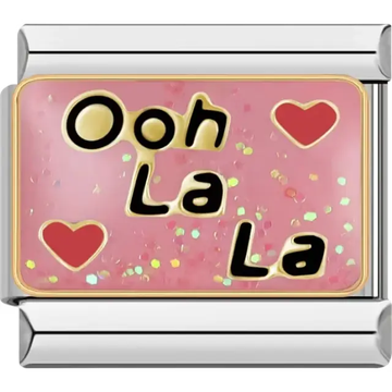 "Ooh La La" text with red hearts on a pink glitter background Italian charm bracelet link