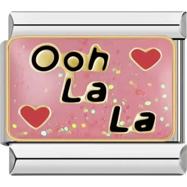 "Ooh La La" text with red hearts on a pink glitter background Italian charm bracelet link