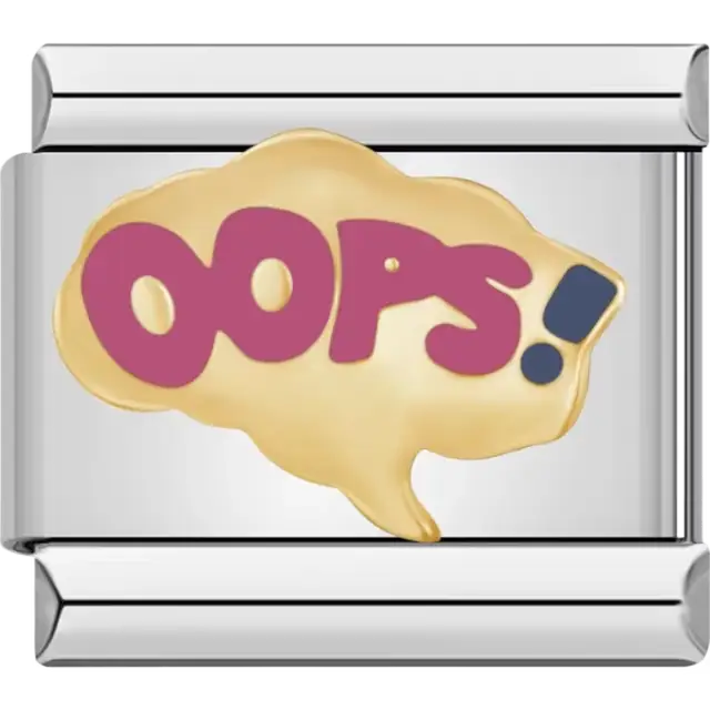"Oops!" text in bold purple with a gold bubble design Italian charm bracelet link