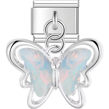 Opalescent white butterfly dangle Italian charm bracelet link