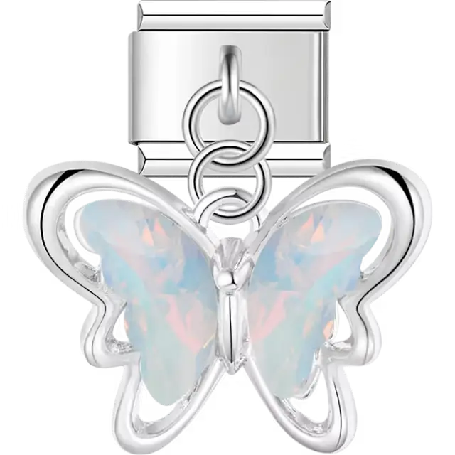 Opalescent white butterfly dangle Italian charm bracelet link