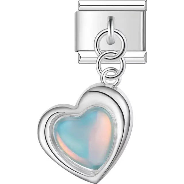 Opal heart with silver frame dangle Italian charm bracelet link