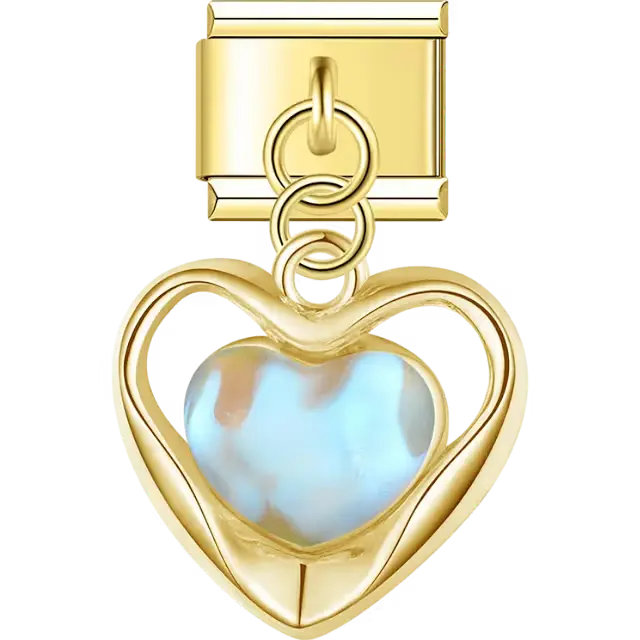 Opal heart center frame dangle Italian charm bracelet link