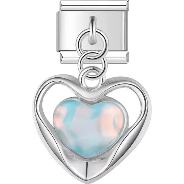 Opal heart center frame dangle Italian charm bracelet link