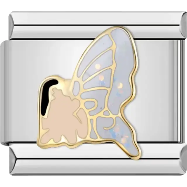 Gold-outlined butterfly wing with beige and opalescent details Italian charm bracelet link