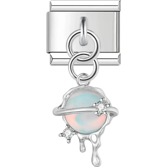 Sphere-shaped dangle with an opalescent center, orbital ring, crystal accents, and dripping design Italian charm bracelet link