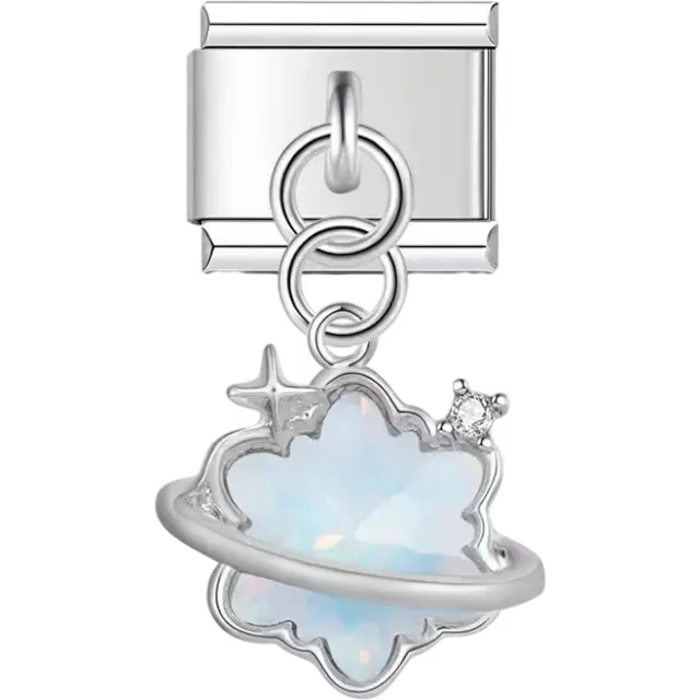 Silver flower with opalescent center orbit band and star accents Italian charm bracelet link