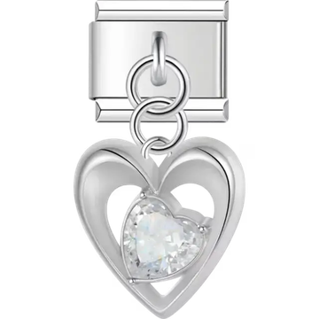 Open heart-shaped dangle with a clear crystal heart centerpiece Italian charm bracelet link