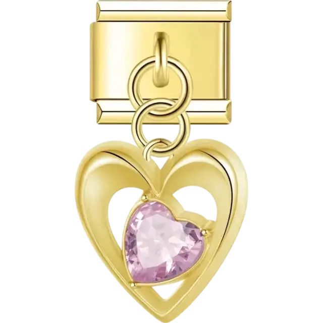 Open heart-shaped dangle with a pink crystal heart centerpiece Italian charm bracelet link