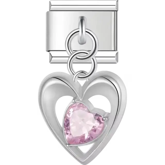 Open heart-shaped dangle with a pink crystal heart centerpiece Italian charm bracelet link