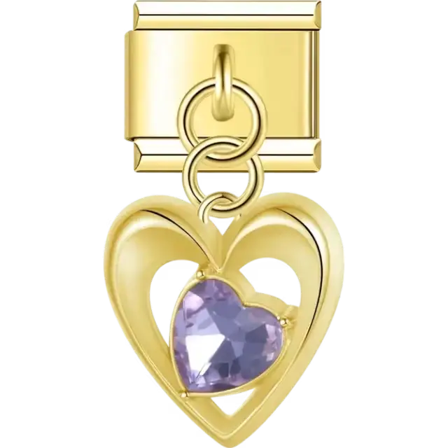 Open heart-shaped dangle with a purple crystal heart centerpiece Italian charm bracelet link
