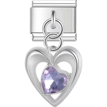 Open heart-shaped dangle with a purple crystal heart centerpiece Italian charm bracelet link