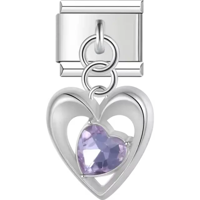 Open heart-shaped dangle with a purple crystal heart centerpiece Italian charm bracelet link
