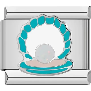 A delicate oyster design with turquoise accents, featuring a shimmering pearl at its center Italian charm bracelet link