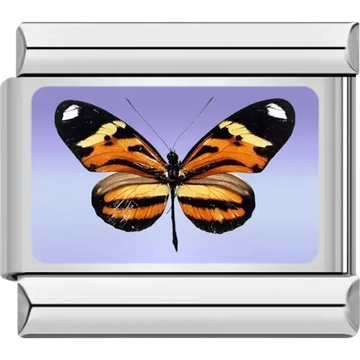 Butterfly with orange and black wings yellow accents and a lavender background Italian charm bracelet link