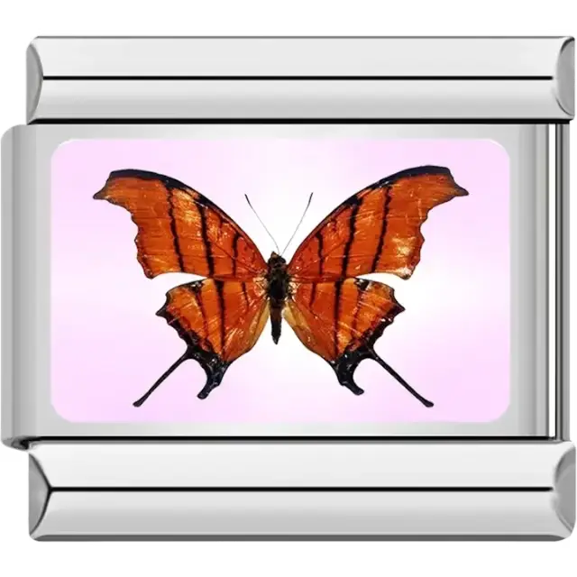 Butterfly with orange wings black stripes and a light pink background Italian charm bracelet link