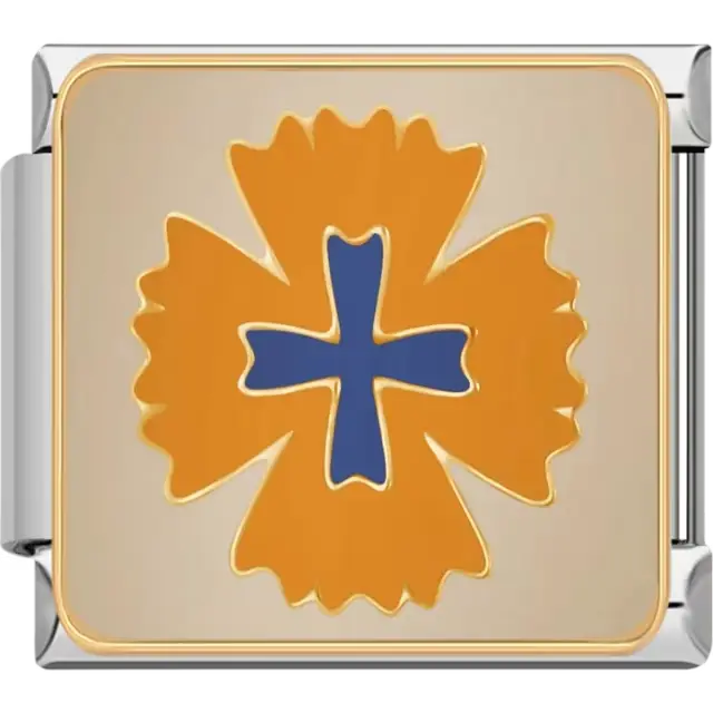 Orange flower design with a blue cross center, outlined in gold on a beige background Italian charm bracelet link
