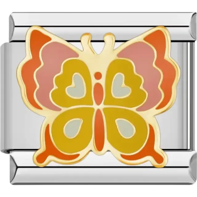 Gold-trimmed butterfly with orange pink and cream accents Italian charm bracelet link