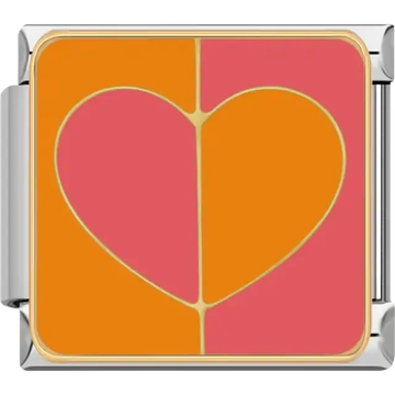 Split heart design with orange and pink halves outlined in gold Italian charm bracelet link