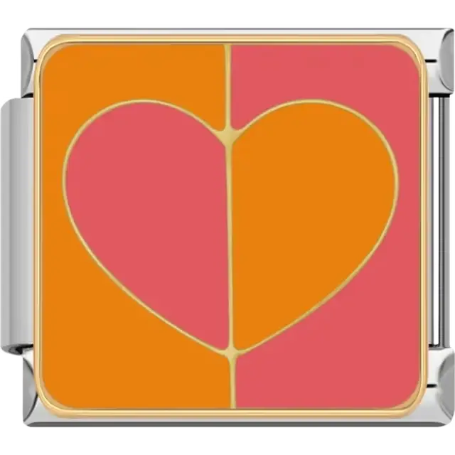Split heart design with orange and pink halves outlined in gold Italian charm bracelet link