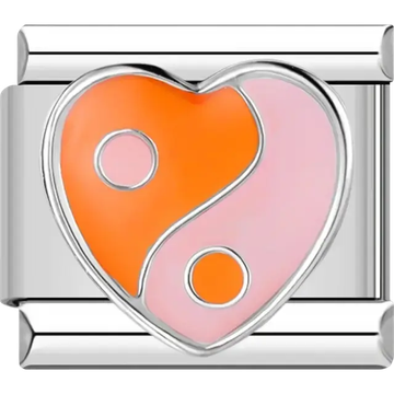 Heart-shaped orange and pink yin yang symbol Italian charm bracelet link
