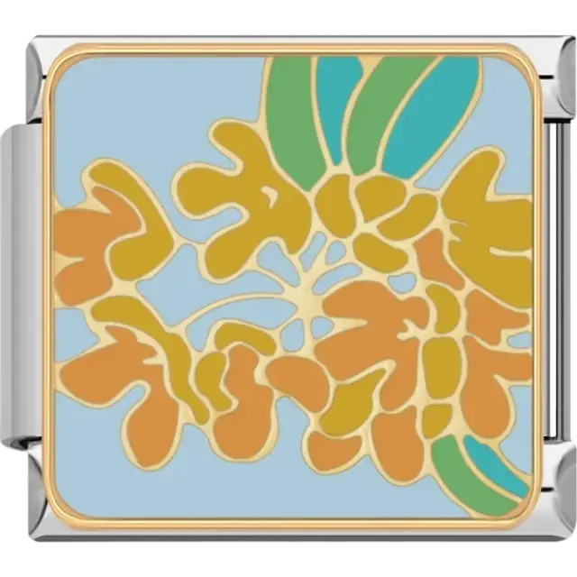 Orange and yellow flowers with green leaves and gold outlines Italian charm bracelet link