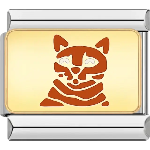 Orange cat face with striped details on yellow background Italian charm bracelet link