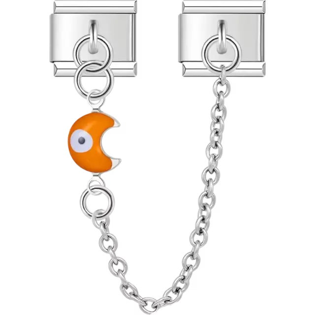 Orange crescent moon with a white and black evil eye connected by a safety chain Italian charm bracelet link