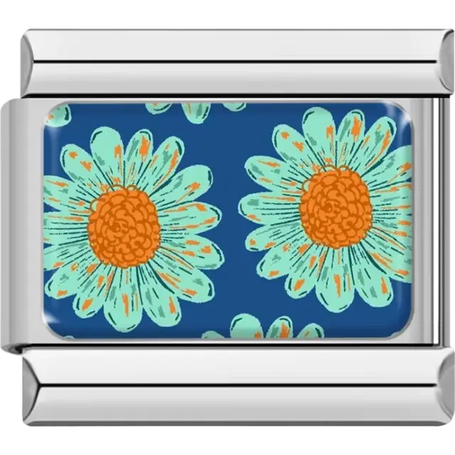Teal daisies with orange centers on deep blue background Italian charm bracelet link