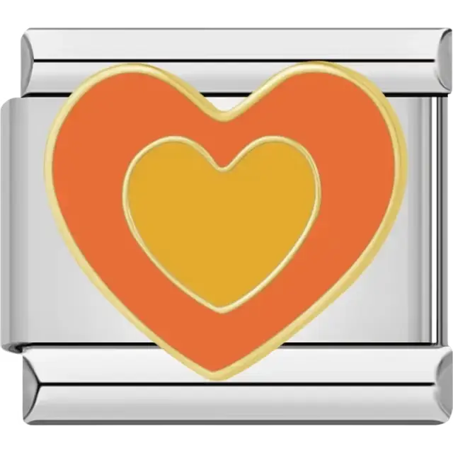 Orange heart inside a yellow heart with gold outline Italian charm bracelet link